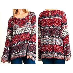 Umgee Top Size S Red Fringe Bell Sleeve Whimisigoth Tunic Western Womens Shirt